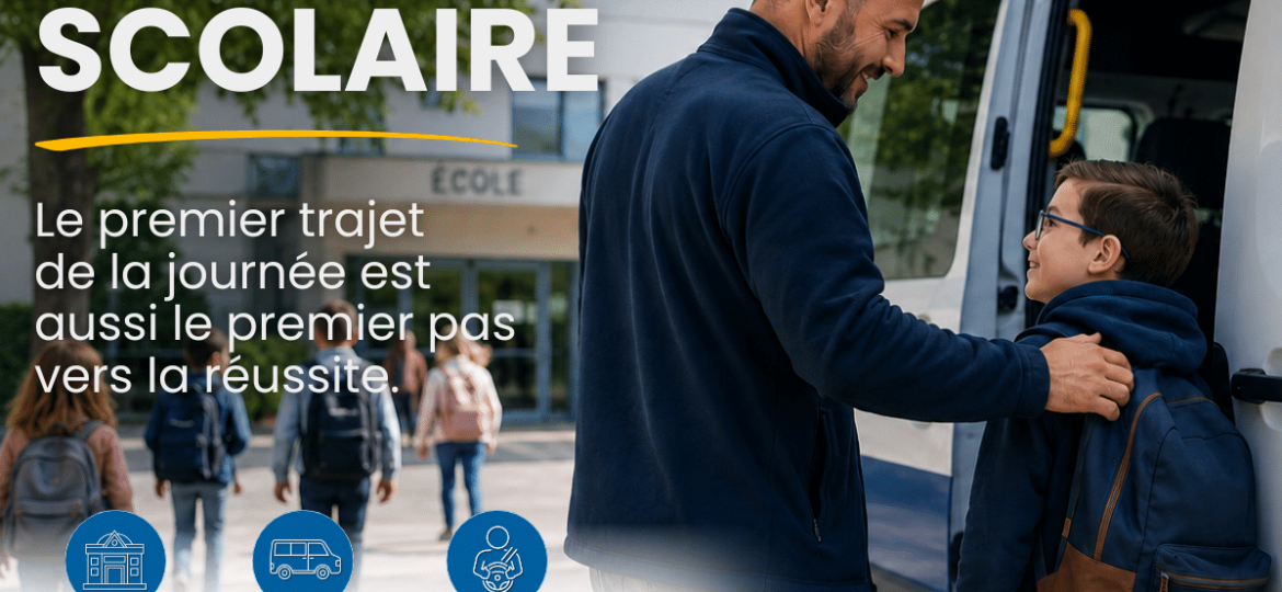 Conducteur-accompagnateur Ulysse accueillant un élève devant son établissement scolaire pour un transport adapté.